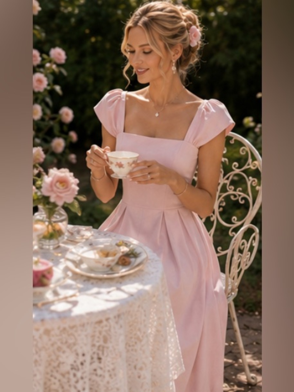 Timeless Romantic Garden Tea Party Coquette Blush Pink Square-Neck Midi Dress - Picture 2 of 6